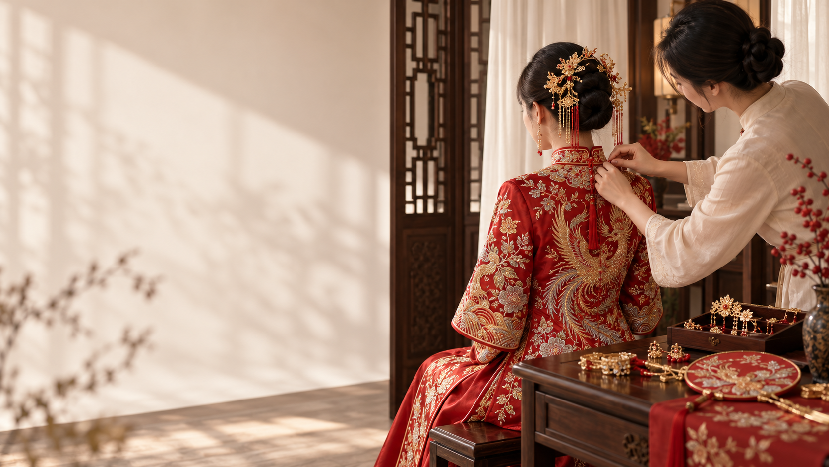 婚礼造型师为身着中式婚服的新娘整理衣领与头饰